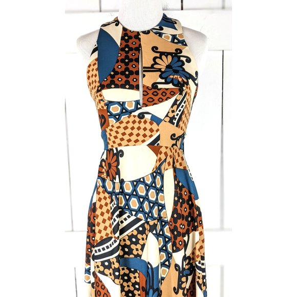 70s vintage brown floral psychedelic print sleeveless peep halter top maxi dress - Picture 3 of 8